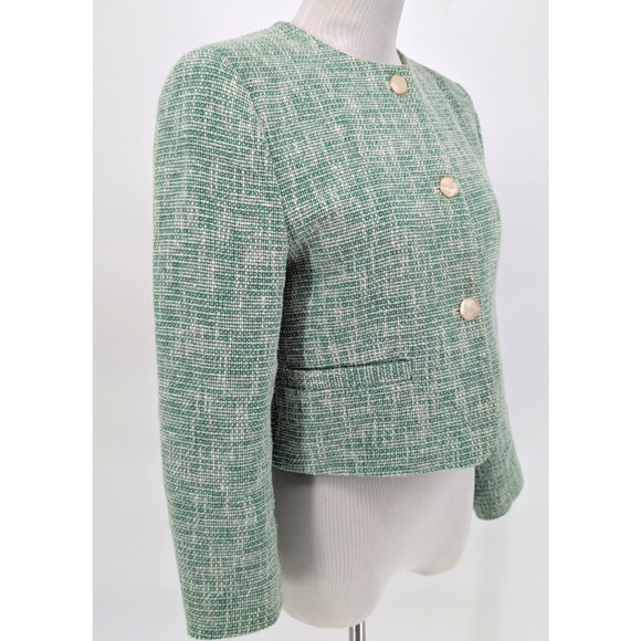 Zara Green Tweed Cropped Tailored Blazer Small Feminine Preppy Twee Classic - Picture 7 of 16